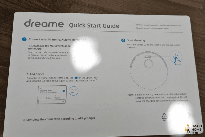 Die Rückseite des Quick Start Guides des Dreame L10s Pro ist zu sehen.